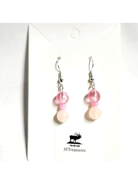 Hand Crafted Jewelry - Rose Quartz Crystal Pink Glass Dangle Earrings